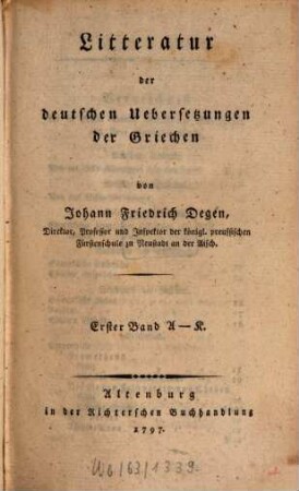 Litteratur der deutschen Uebersetzungen der Griechen, 1. A - K