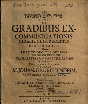 Nidrê ḥērem we-šamtā Sive. De. Gradibus. Excommunicationis. Judaeis. Olim. Receptis. Dissertatio.
