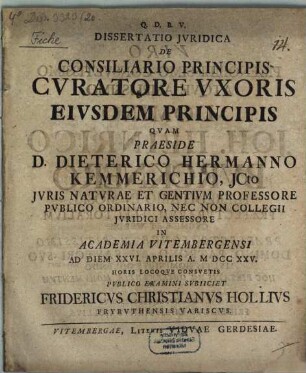 Dissertatio Jvridica De Consiliario Principis Cvratore Vxoris Eivsdem Principis