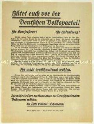 Flugblatt der Deutschnationalen Volkspartei gegen die Deutsche Volkspartei und Aufruf zur sächsischen Landtagswahl 1922
