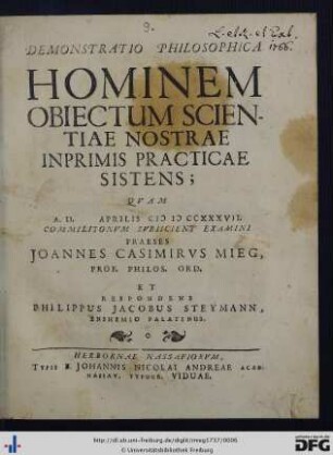 Demonstratio Philosophica Hominem Obiectum Scientiae Nostrae Inprimis Practicae Sistens