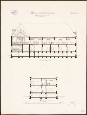 Landratsamt (Kreishaus), Marienburg Monatskonkurrenz März 1893 (wahrscheinlich die Originalzeichnung): Längsschnitt, Querschnitt 1:100