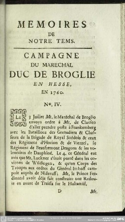 Campagne Du Marechal Duc De Broglie En Hesse. En 1760. No. IV.