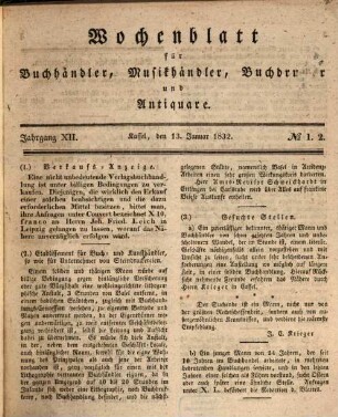Wochenblatt für Buchhändler, Musikhändler, Buchdrucker und Antiquare. 12, 12. 1832