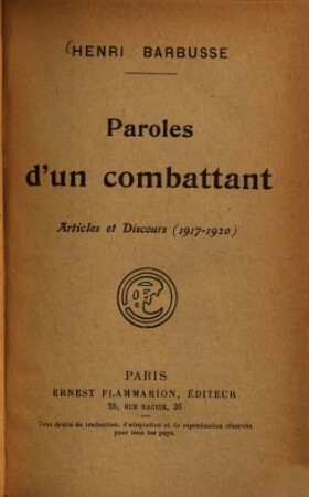 Paroles d'un combattant : articles et discours (1917-1920)