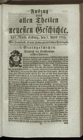 XIV. Nachlese. Coburg, den 7. April. 1753.