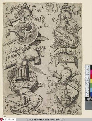 [Deux trophées. On remarque au milieu du premier une cuirasse, le dos courbé en arrière; Two Trophies with a Breat-Plate and Ram's Head; Trophäe mit einem Brustpanzer und einem Widderkopf]