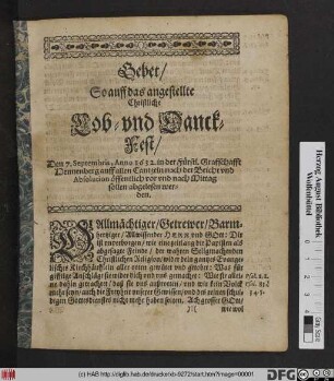 Gebet/ So auff das angestellte Christliche Lob- und Danck-Fest/ Den 7. Septembris, Anno 1632. in der Fürstl. Graffschafft Hennenberg auff allen Cantzeln ... abgelesen worden