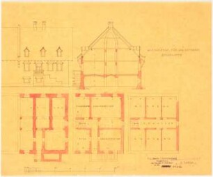 Schloss Stabelwitz Hof: Gesindehaus: Grundriss Keller, Erdgeschoss, Dachgeschoss, Aufriss Seitenansicht, Schnitt