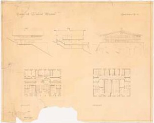 Skihütte Monatskonkurrenz November 1930: Grundriss Erdgeschoss, Obergeschoss, Aufriss Südansicht, Seitenansicht, Querschnitt 1:100; Maßstabsleiste
