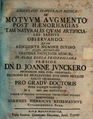 Dissertatio Inavgvralis Medica De Motvvm Avgmento Post Haemorhagias Tam Natvrales Qvam Artificiales Saepivs Observando
