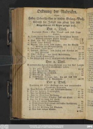 Ordnung der Rubricken. der Lieder-Ueberschriften in diesem Gesang-Buch, wodurch der Inhalt von jedem Lied dem Singenden vor die Augen geleget wird.