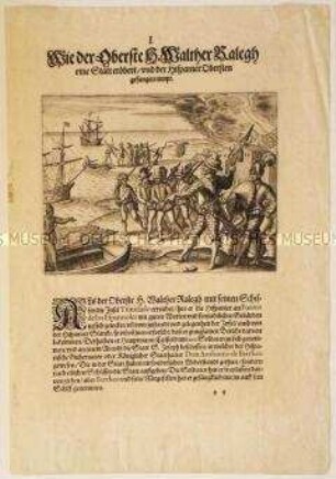 Wie Oberst Walter Raleigh eine Stadt eroberte und einen Oberst der Spanier gefangen nahm - Tafel 29 aus de Bry, Amerika II