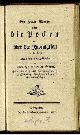 Ein Paar Worte über die Pocken und über die Inoculation derselben