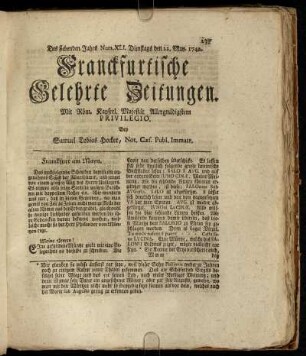 Num. XLI. Dienstags den 22. May. 1742 - Num. L. Freytags den 22. Junii. 1742