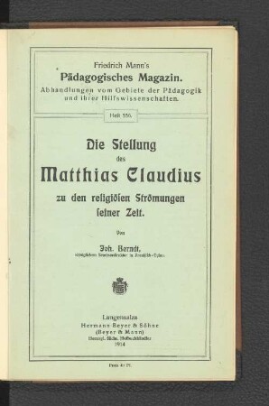 Die Stellung des Matthias Claudius zu den religiösen Strömungen seiner Zeit