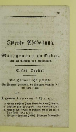 Zweyte Abtheilung. Marggraven zu Baden. Vor der Theilung in 2 Hauptlinien