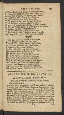 Lettre De M. De Voltaire A L'Academie Francoise Sur les premieres Editions de ce Poeme