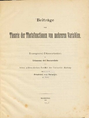 Beiträge zur Theorie der Thetafunctionen von mehreren Variablen ...