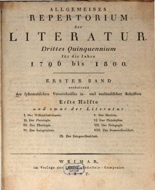 Allgemeines Repertorium der Literatur. [7.] 1796/1800 (1807) = Fach 1-9