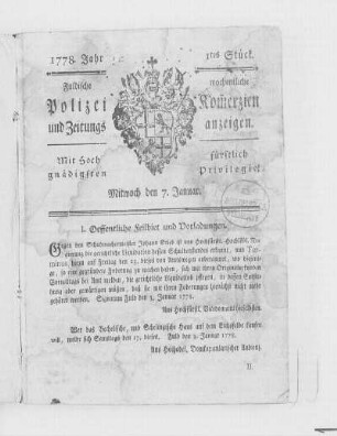1778: Fuldaische wöchentliche Policey-Commercien und Zeitungsanzeigen : mit hochfürstlich gnädigsten Privilegio