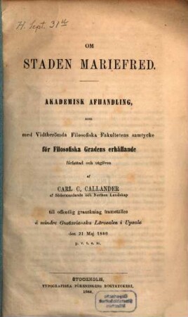 Om Staden Mariefred : Akad. Afhandling