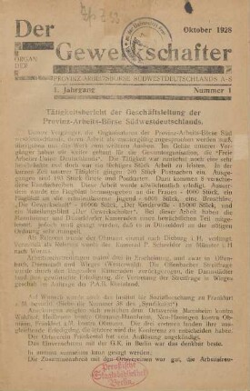 1. Jahrgang, Nummer 1 (Oktober 1928)-Nummer 7 (April 1929): Der Gewerkschafter