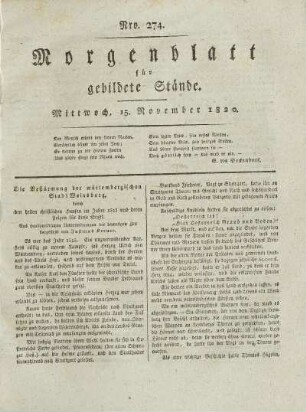 Nro. 274. Mittwoch, 15. November 1820. - Nro. 279. Dienstag, 21. November 1820.