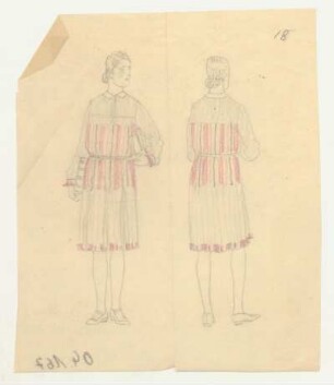 Entwurf Damenkleid : Vorder- und Rückansicht einer Figurine mit knielangem Kleid mit kleinem Umlegekragen, Gürtel, glatt eignesetzten Ärmeln, senkrechten Streifen, Absatzpumps