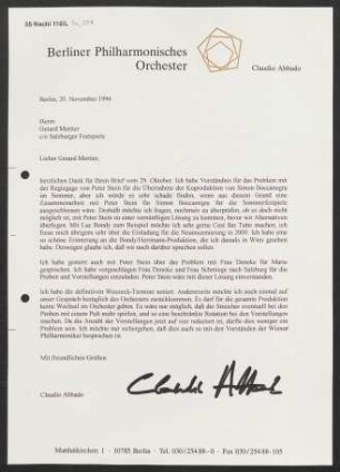 Brief an Gerard Mortier an Salzburger Festspiele, 20.11.1996