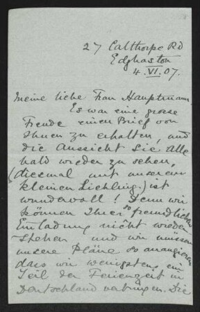 Brief von Ethel Mary Fiedler an Margarete Hauptmann
