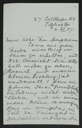 Brief von Ethel Mary Fiedler an Margarete Hauptmann