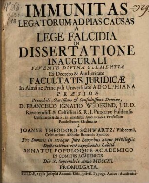 De immunitate legatorum ad pias causas a lege falcidia, disp.