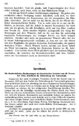 102-104, Die Strafrechtlichen Bestimmungen des französischen Gesetzes vom 16. November 1912, betreffend die Erforschung der Vaterschaft