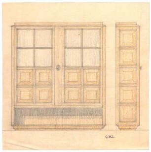 Entwurf eines Schranks : Vorder-und Seitenansicht eines Schranks mit kassettierten Türen und Seitenteilen; signiert