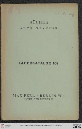 Nr. 109: Lagerkatalog: Bücher, alte Graphik