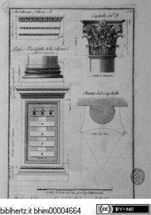 Studio d'architettura civile sopra gli ornamenti di porte, e finestre colle misure, piante, modini, e profili, tratte da alcune fabbriche insigni di Firenze erette col disegno dè più celebri architetti / opera misurata, disegnata, e intagliata da Ferdinando Ruggieri, sotto gli auspici dell' A. R. di Cosimo III. Granduca di Toscana, Parte Prima, Firenze 1722, nella Samperia Reale presso Gio: Gaetano Tartini, e Santti Franchi, con Licenza de Superiori.Architekturdetails des 2. Obergeschoss des Palazzo Uguccioni - Studio d'architettura civile, da Ferdinando Ruggieri, Parte prima, Firenze 1722.