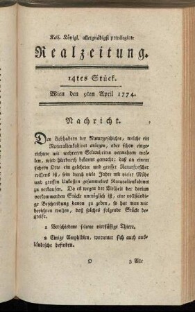 14tes Stück. Wien den 9ten April 1774.