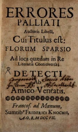 Errores palliati Autoris Libelli cui titulus est: Florum sparsio ad loca quaedam in Re literaria controversa