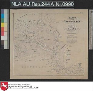 Karte von einem Teil der niederländischen und ostfriesischen Nordseeküste mit Einzeichnung der Emsmündungen Druck von D. A. von Horn Lith. Anstalt Ebeling, Emden Papier auf Leinen Format 35,7x31,5 M 1:150.000 (ca)