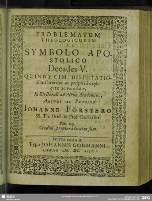 Problematum Theologicorum Ex Symbolo Apostolico Decades V.