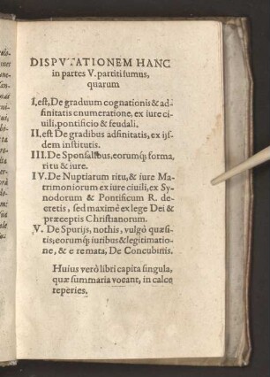 Dispvtationem Hanc in partes V. partitisumus, quarum