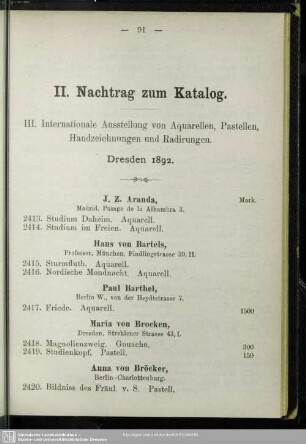 II. Nachtrag zum Katalog