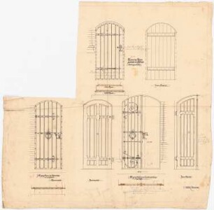 Kreis-Ständehaus, Prenzlau (?): Ansichten und Schnitte der Außentüren, Türbeschläge und Fenstergitter