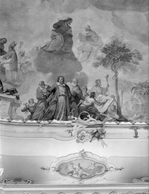 Die Verherrlichung der göttlichen Weisheit, symbolisiert durch das apokalyptische Lamm auf dem Buch der sieben Siegel — Zyklus der Wissenschaften — Alttestamentarische Schriftgelehrte die Kirchengeschichte symbolisierend und antike Ärzte, Medizin und Arzneikunde symbolisierend — Die Heilkunde, Paradiesbaum mit Schlang, Tod mit Sense und die Hilfswissenschaften