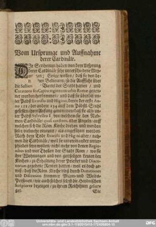 Vom Ursprunge und Auffnahme derer Cardinäle.