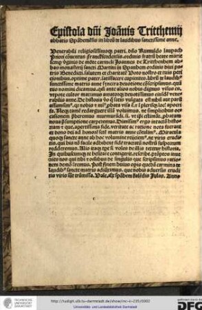 Epistola domini Joannis Trithemii, abbatis Spanhemensis, in librum de laudibus sanctissime Anne.