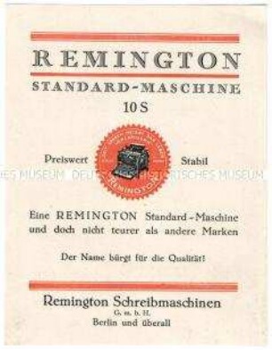 Werbeblatt über die Schreibmaschine Typ "Standard-Maschine 10 S"