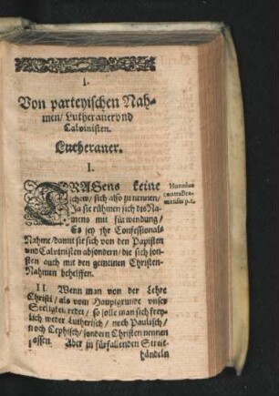 I. Von parteyischen Nahmen/ Lutheraner und Calvinisten.