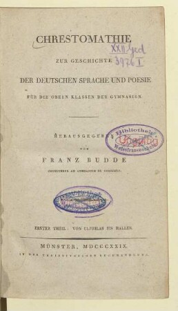 Theil 1: Von Ulphilas bis Haller : für die obere Klasse der Gymnasien